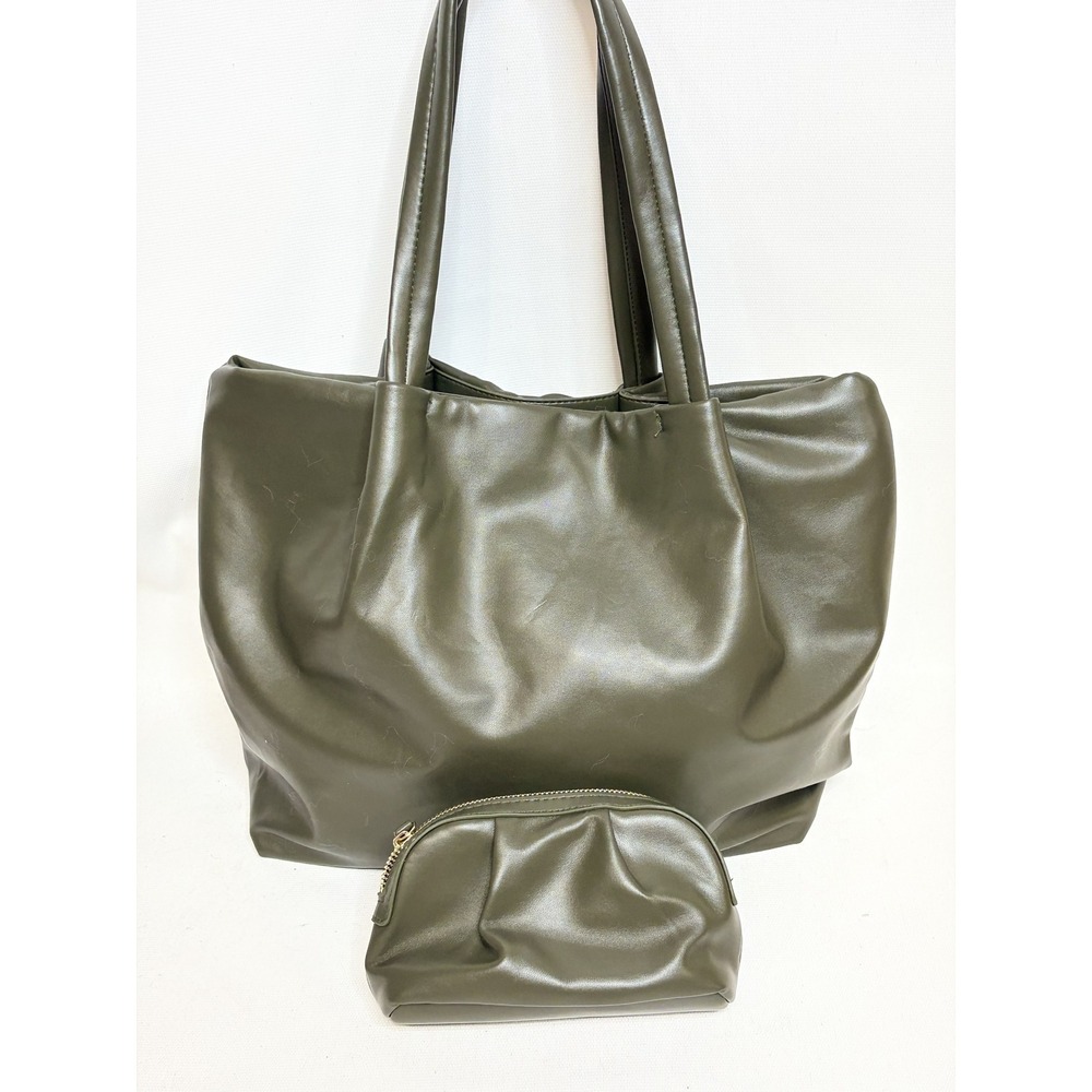 Neiman Marcus Olive Green Faux Leather Tote Bag and Pouch Set  Shoulder Bag - Picture 4 of 8